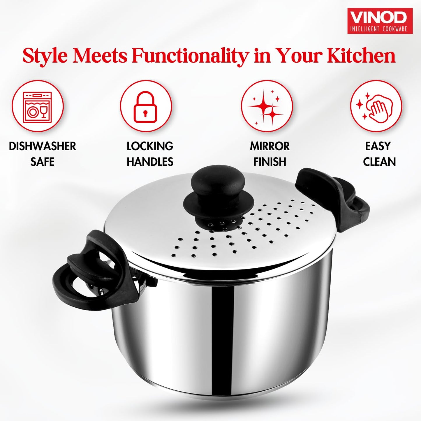 Vinod Stainless Steel Pasta, Rice Pot with Strainer lid , SAS Bottom Rice Steamer Cooker, Noodles, Veggies Boiler Pot with Locking Handles, Induction Base