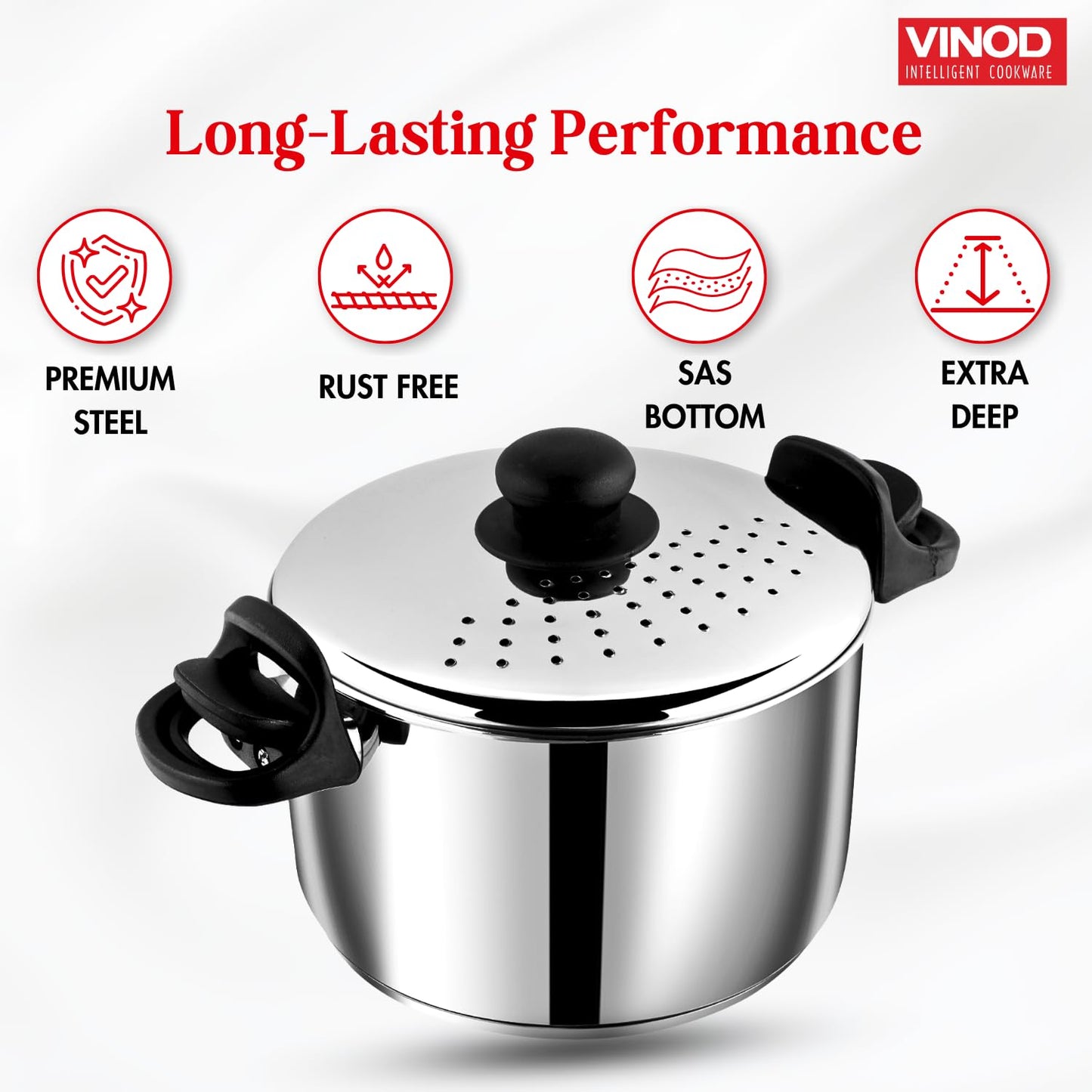 Vinod Stainless Steel Pasta, Rice Pot with Strainer lid , SAS Bottom Rice Steamer Cooker, Noodles, Veggies Boiler Pot with Locking Handles, Induction Base