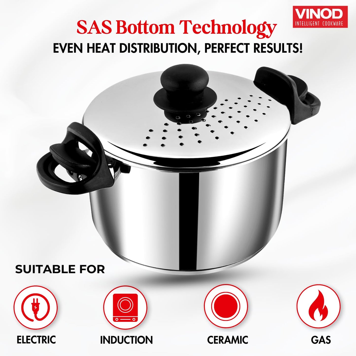 Vinod Stainless Steel Pasta, Rice Pot with Strainer lid , SAS Bottom Rice Steamer Cooker, Noodles, Veggies Boiler Pot with Locking Handles, Induction Base