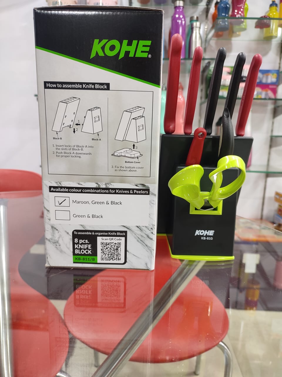 KOHE 8 PCS Stainless Steel Kitchen Knife Set with Block, Knife Holder for Kitchen, 5 Knives, 2 Peelers and 1 Scissors(KB-811/B)