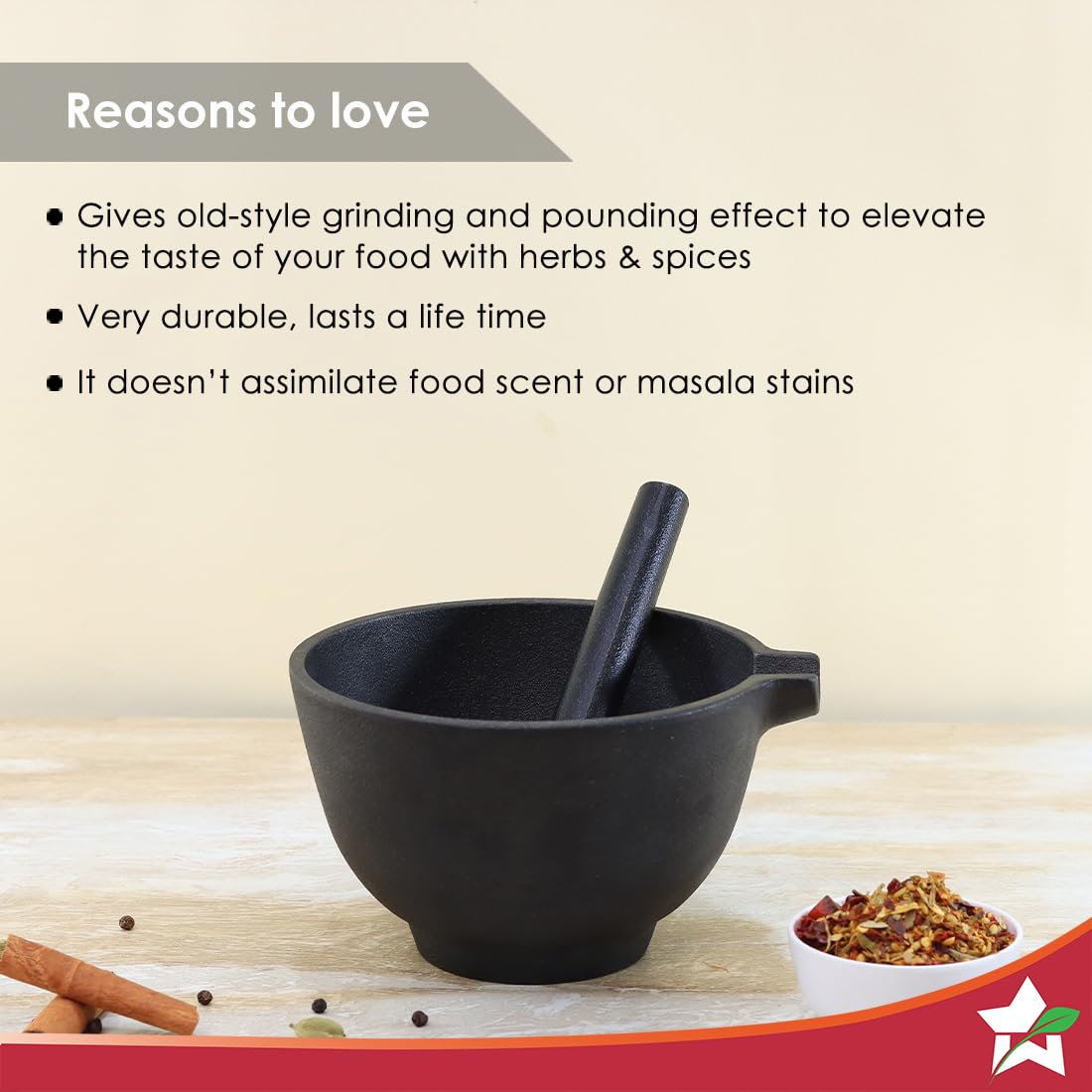 Wonderchef Forza Pre-Seasoned Cast-Iron Mortar & Pestle| Silbatta |Spice, Medicine Grinder Masher| Okhli/Musal/Khalbatta | Ideal for Hand Grinder
