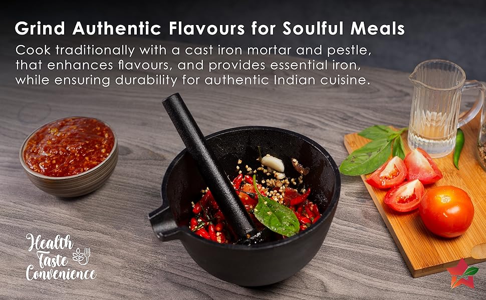 Wonderchef Forza Pre-Seasoned Cast-Iron Mortar & Pestle| Silbatta |Spice, Medicine Grinder Masher| Okhli/Musal/Khalbatta | Ideal for Hand Grinder