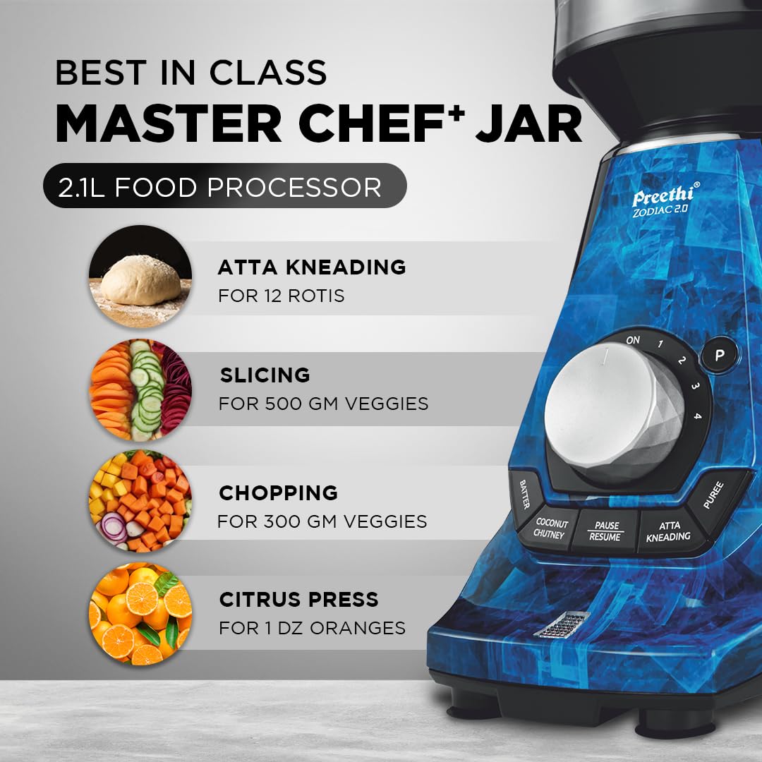 Preethi Zodiac 2.0 Mixer Grinder for Kitchen, 4 Jars 1000 Watt Mixie - 2 Stainless steel Jars, Super Extractor Juicer Jar & Master Chef Food Processor Jar, Black/Blue (MG-255)