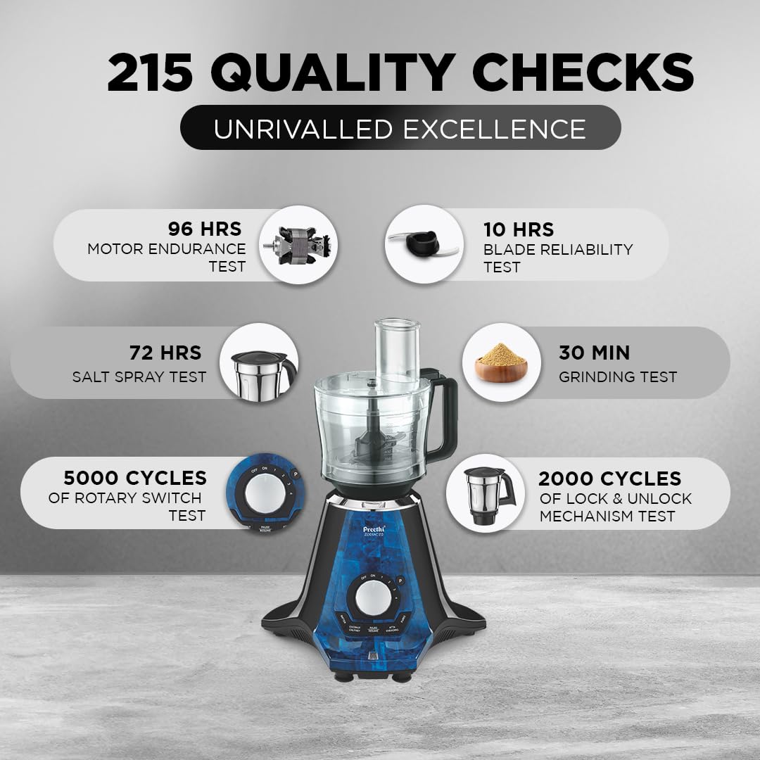 Preethi Zodiac 2.0 Mixer Grinder for Kitchen, 4 Jars 1000 Watt Mixie - 2 Stainless steel Jars, Super Extractor Juicer Jar & Master Chef Food Processor Jar, Black/Blue (MG-255)