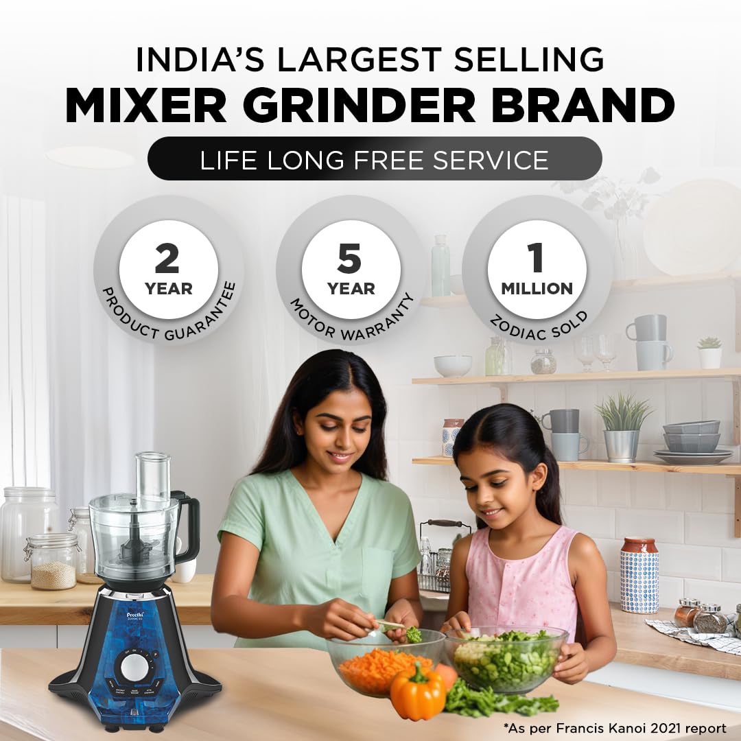 Preethi Zodiac 2.0 Mixer Grinder for Kitchen, 4 Jars 1000 Watt Mixie - 2 Stainless steel Jars, Super Extractor Juicer Jar & Master Chef Food Processor Jar, Black/Blue (MG-255)