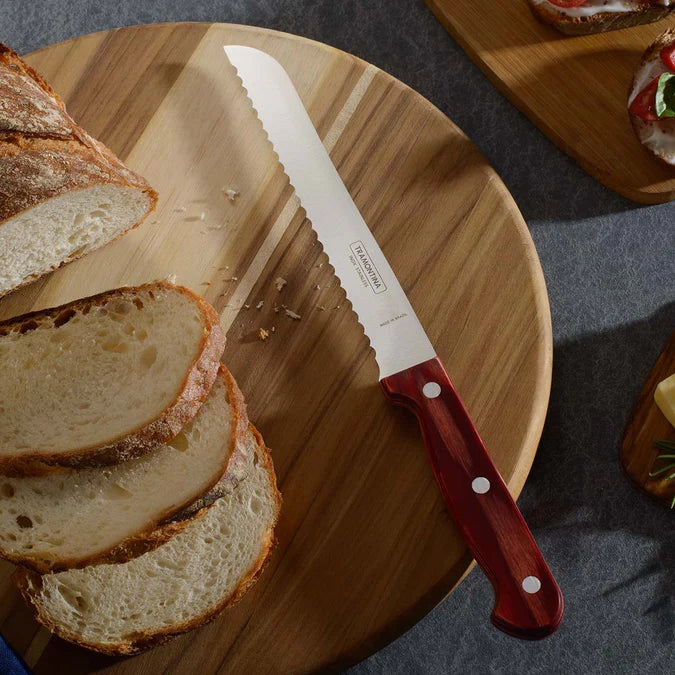 Tramontina Polywood 7 Inch Bread Knife | Serrated Stainless Steel Slicer | Wooden Handle Bakery & Cake Knife