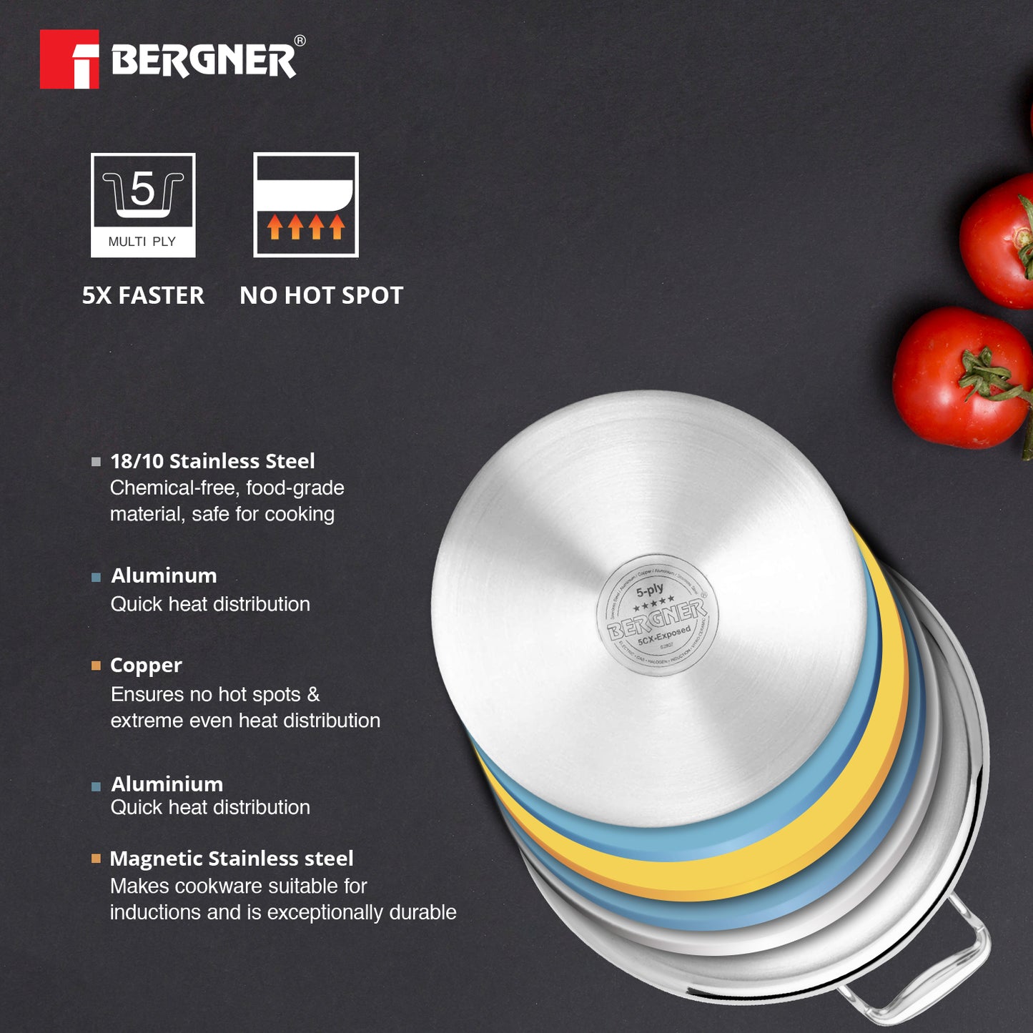 Bergner Argent Triply Stainless Steel Kadhai With Lid 18cm