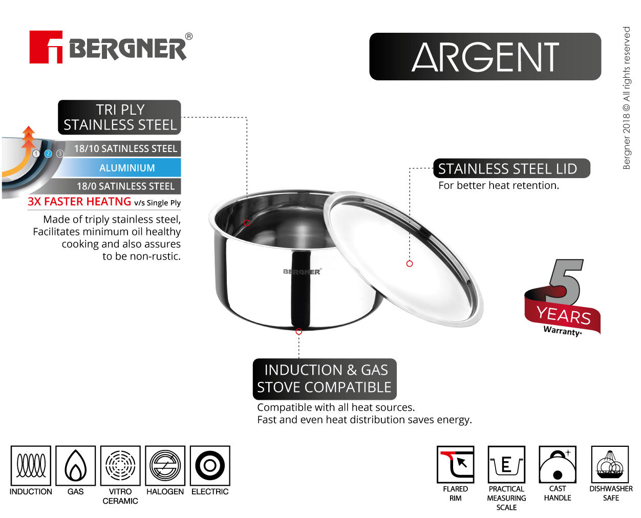 Bergner Argent Triply Tope With Lid 14cm