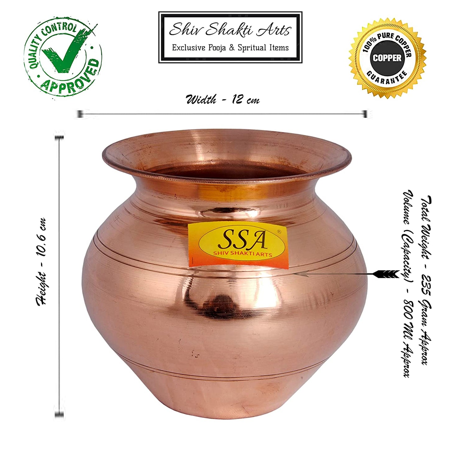 Shiv Shakti Arts® Pure Copper Kalash Lota -for Temple Use & Pooja Purpose(Big - Kumkuma Shinee Design) - (Vol - 800 ML) - 1 Piece