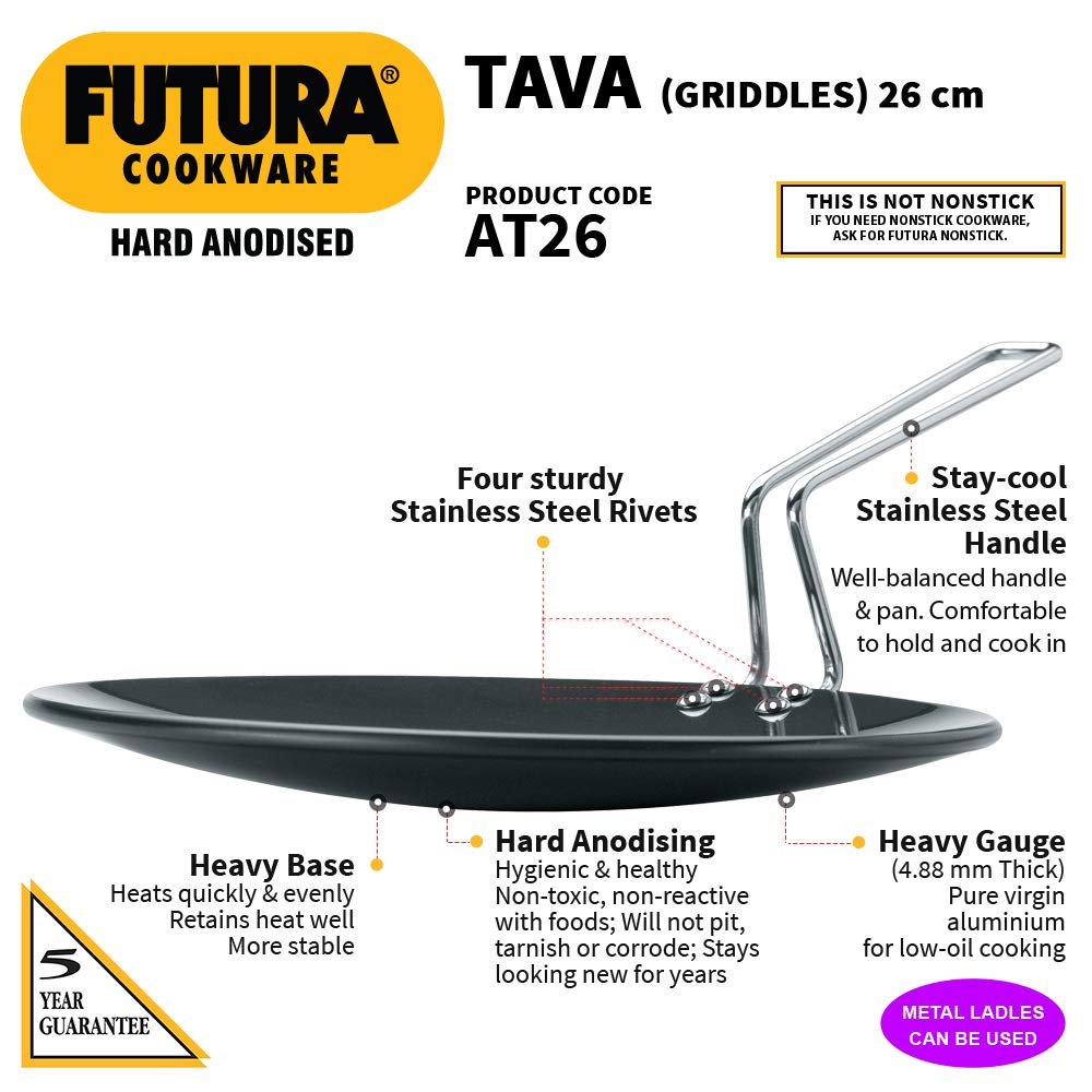 Hawkins Aluminium Futura Hard Anodised Tava, Diameter 26 cm, Thickness 4.88 mm (Black) AT26