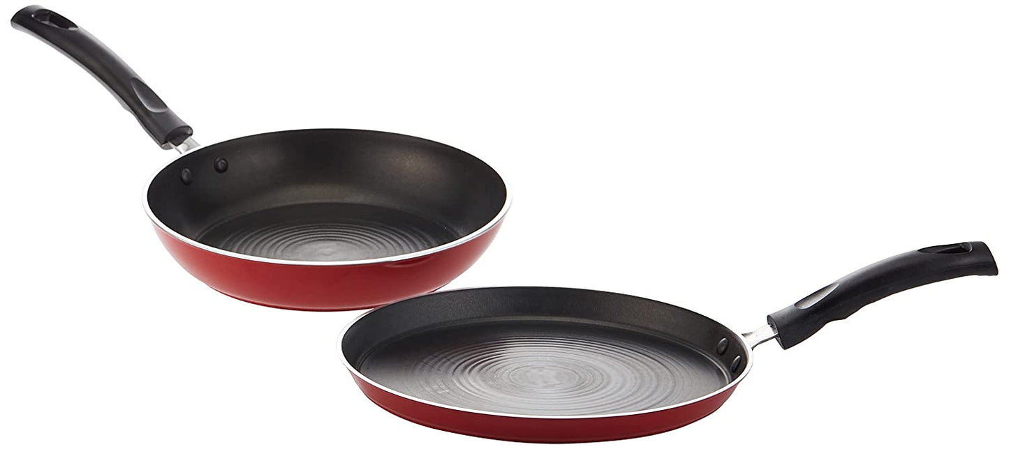 Pigeon by Stovekraft Carlo Induction Base Aluminium Cookware Gift Set, 4-Pieces, Red (Tawa,Fry Pan,Kadai,Glass Lid)