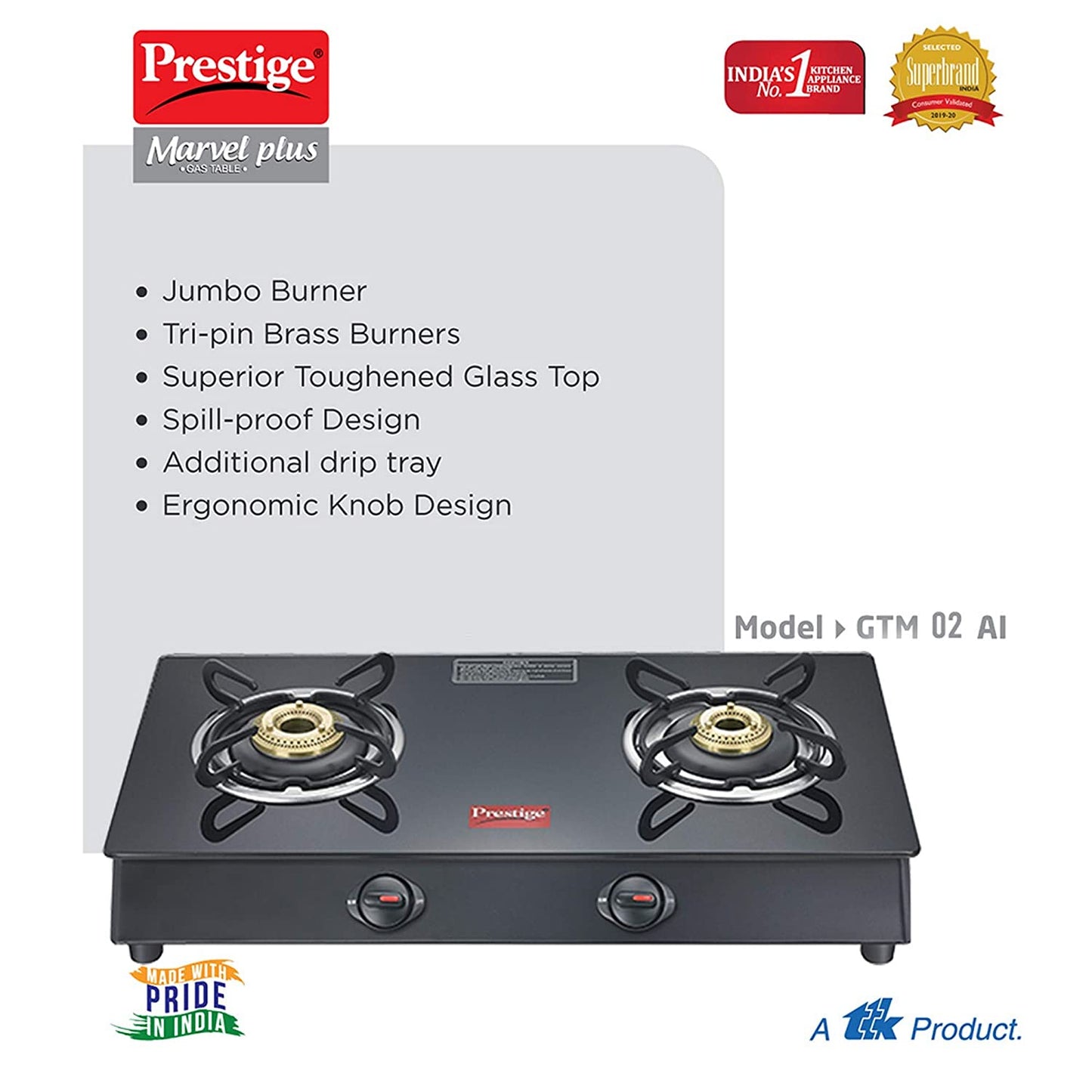 Prestige Marvel Plus 2 Burner Glass Top, Gas Stove (GTM 02, Black)