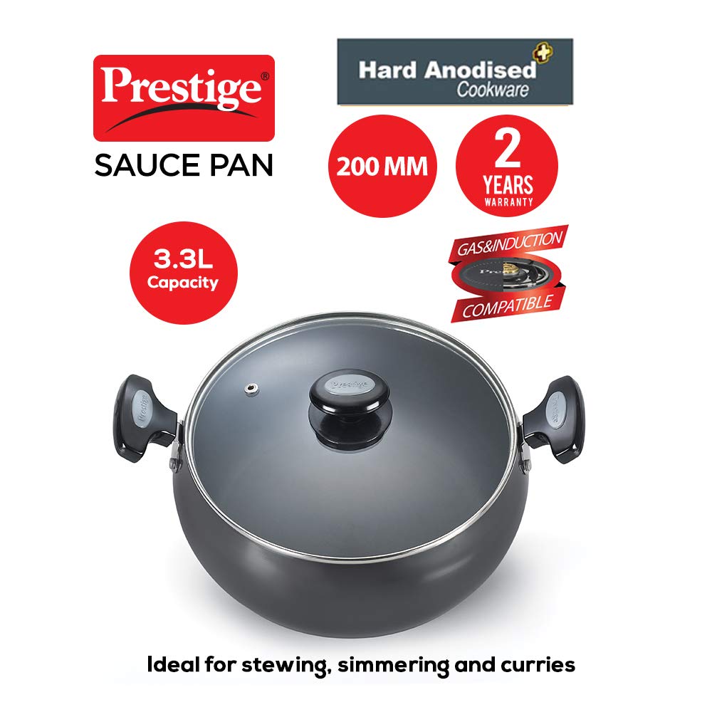 Prestige Hard Anodised Cookware Lifetime Induction Base Sauce Pan, 200mm, Black