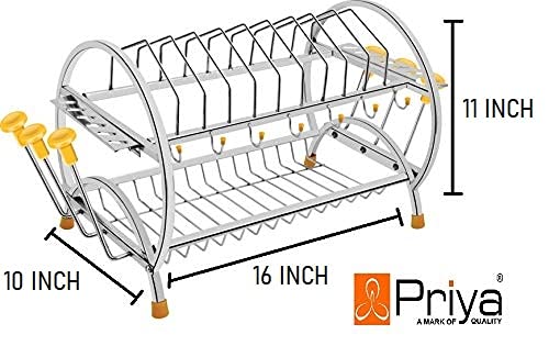 Priya Heavy Omega Shaped Stainless Steel 2 Shelf Kitchen Utensils Dish Rack with Plate & Cutlery Stand (Length-22 inch* Width-11 inch*Height-11 inch),Silver