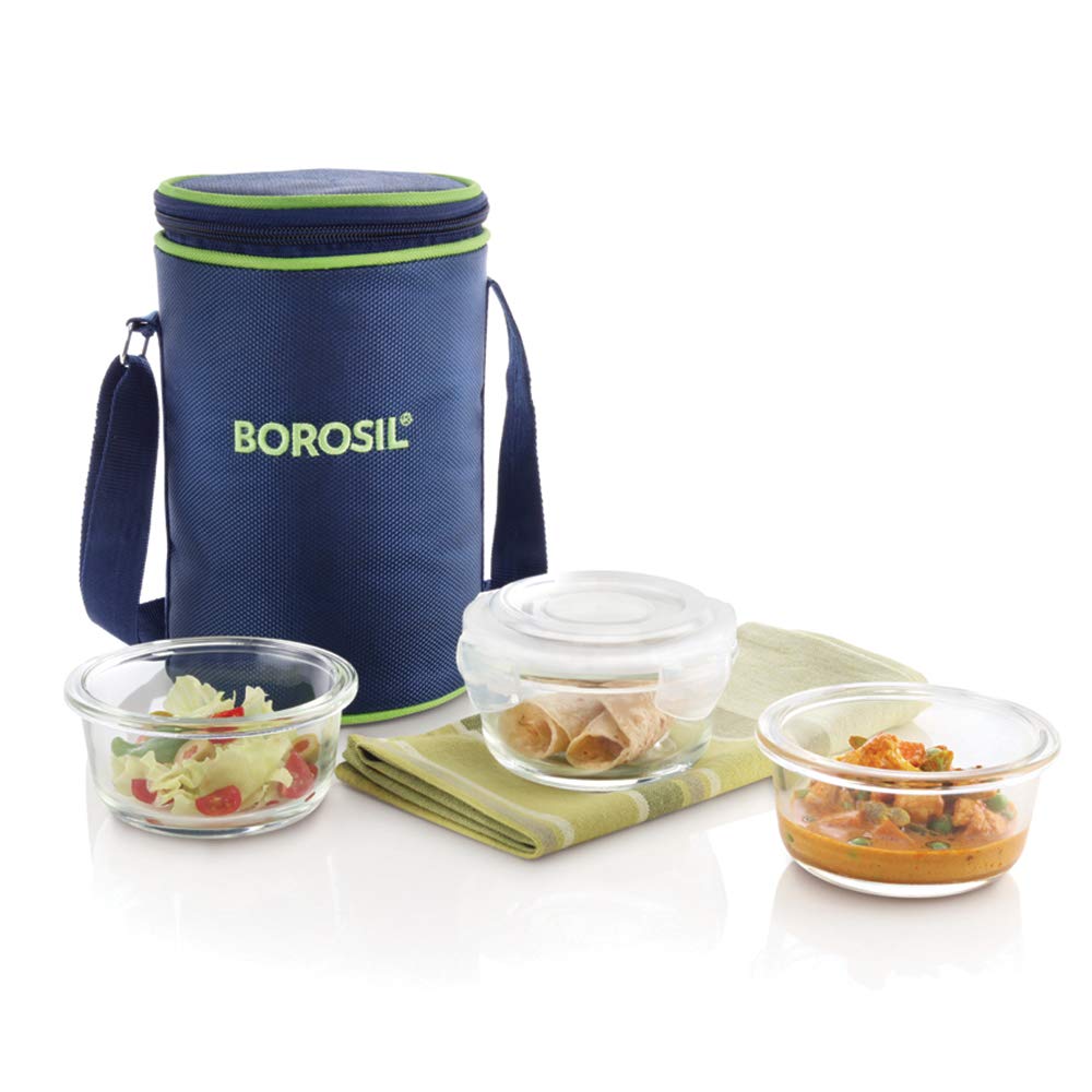 Borosil Borosilicate Glass Lunch Box Set of 3, 240 Safe office Tiffin, Blue, Transparent