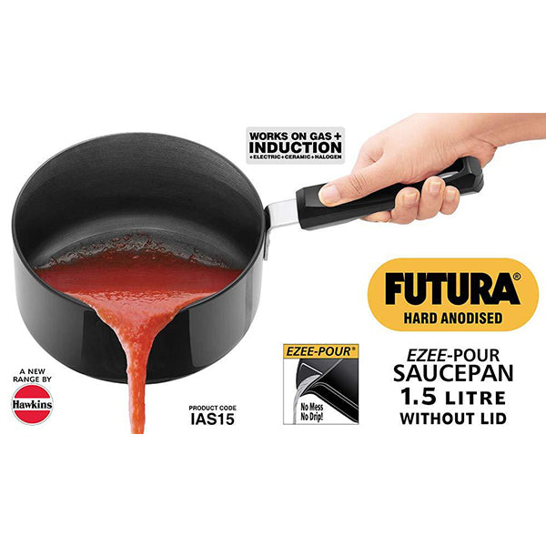 Hawkins Futura Hard Anodised 3.25 mm Thick Induction Base Ezee-Pour Sauce Pan with Steel Lid, 1.5 LTR