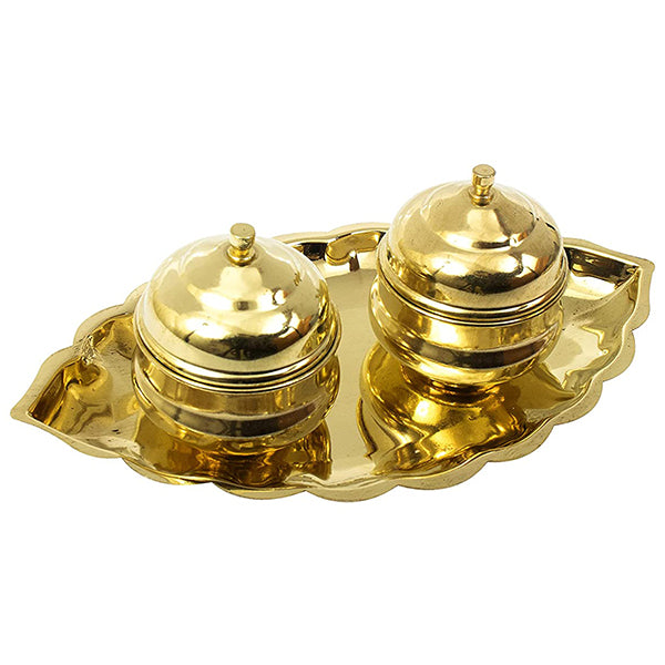 Brass Thali Kumkum Plate for Pooja/Worship 2 Bowl-Small Leaf