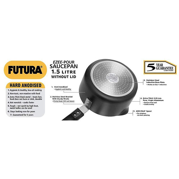 Hawkins Futura Hard Anodised 3.25 mm Thick Induction Base Ezee-Pour Sauce Pan with Steel Lid, 1.5 LTR