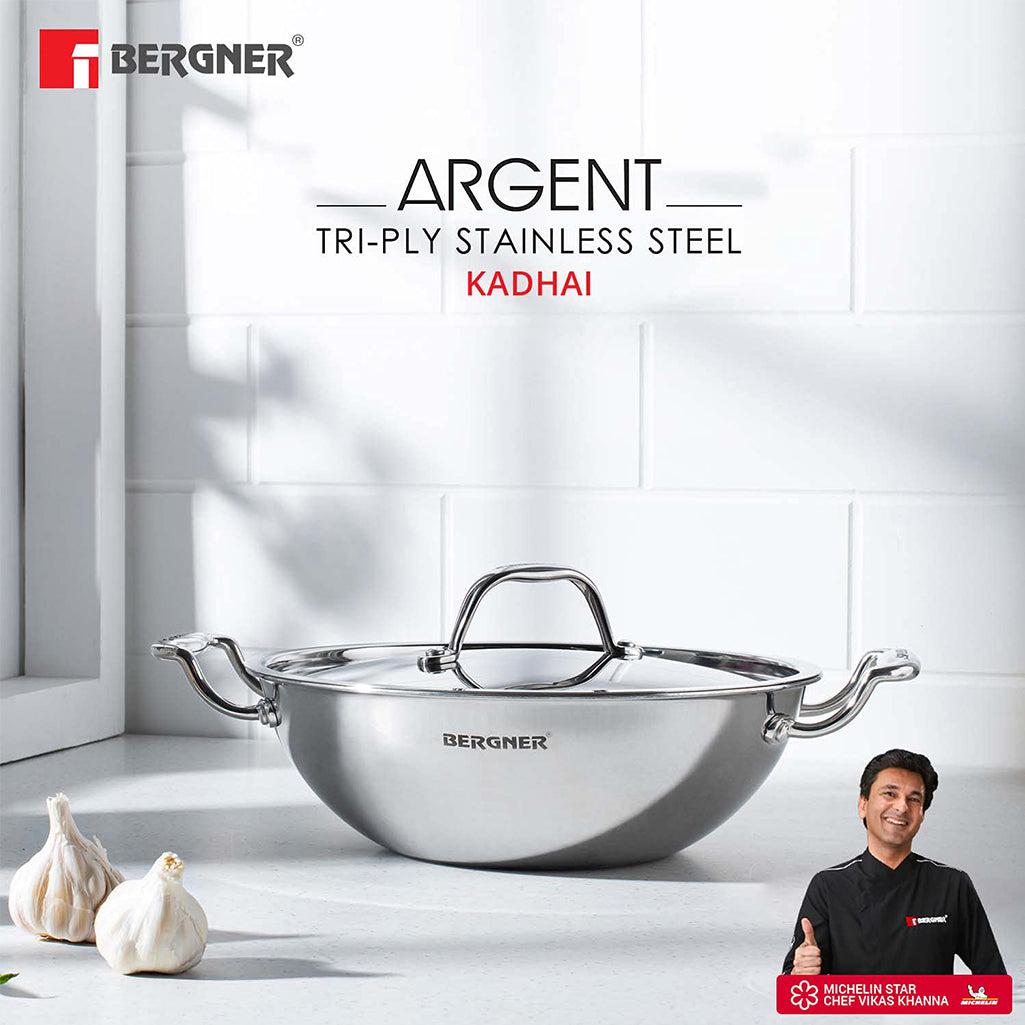 Bergner Argent Triply Stainless Steel Deep Kadhai With Lid 2.3L\20cm