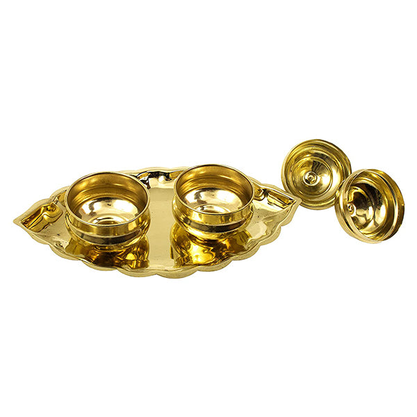 Brass Thali Kumkum Plate for Pooja/Worship 2 Bowl-Small Leaf