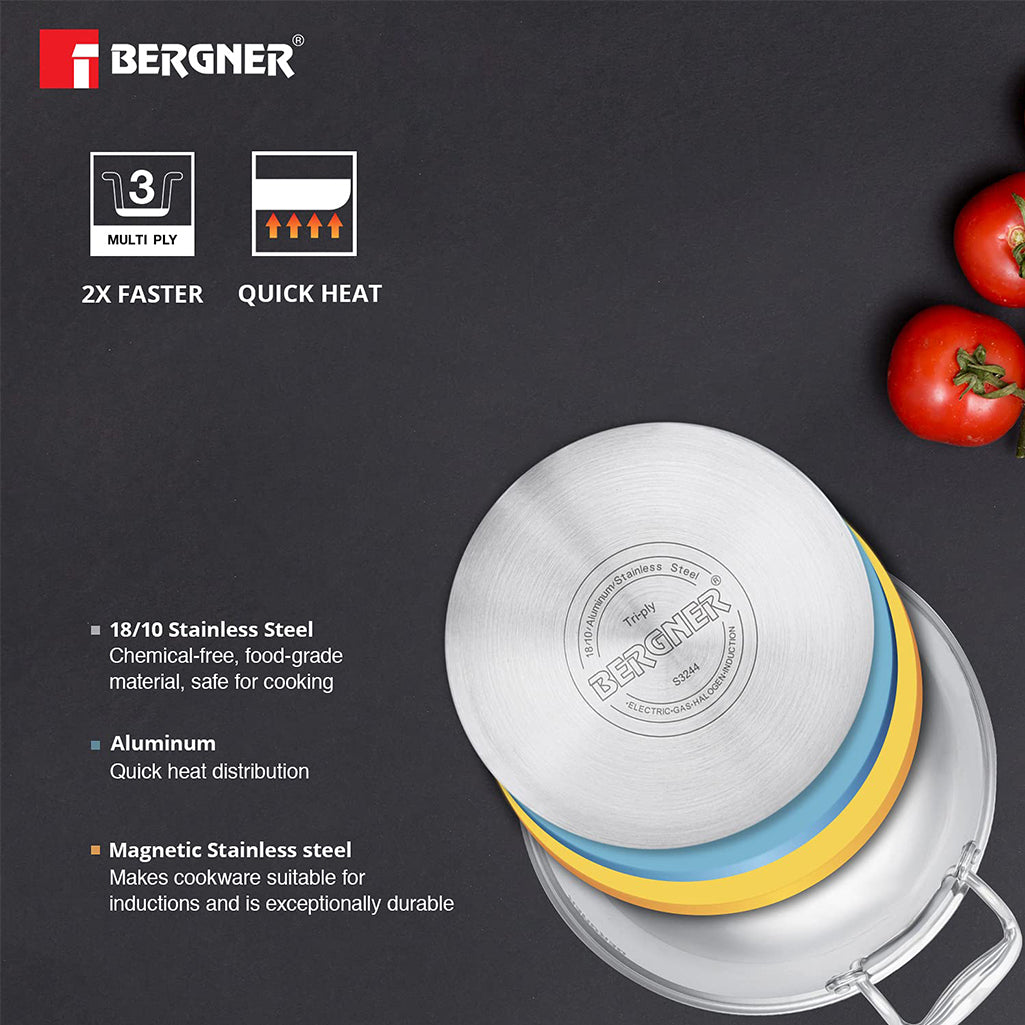 Bergner Argent Triply Stainless Steel Deep Kadhai With Lid 2.3L\20cm