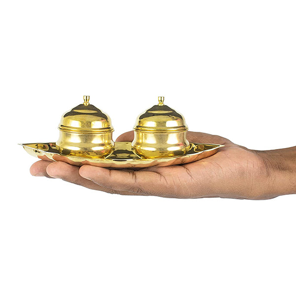 Brass Thali Kumkum Plate for Pooja/Worship 2 Bowl-Small Leaf