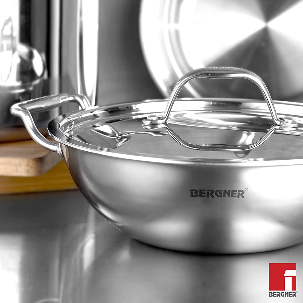 Bergner Argent Triply Stainless Steel Deep Kadhai With Lid 2.3L\20cm