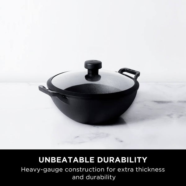 Meyer Pre-Seasoned Cast Iron 24cm Deep Kadai/Wok With Glass Lid