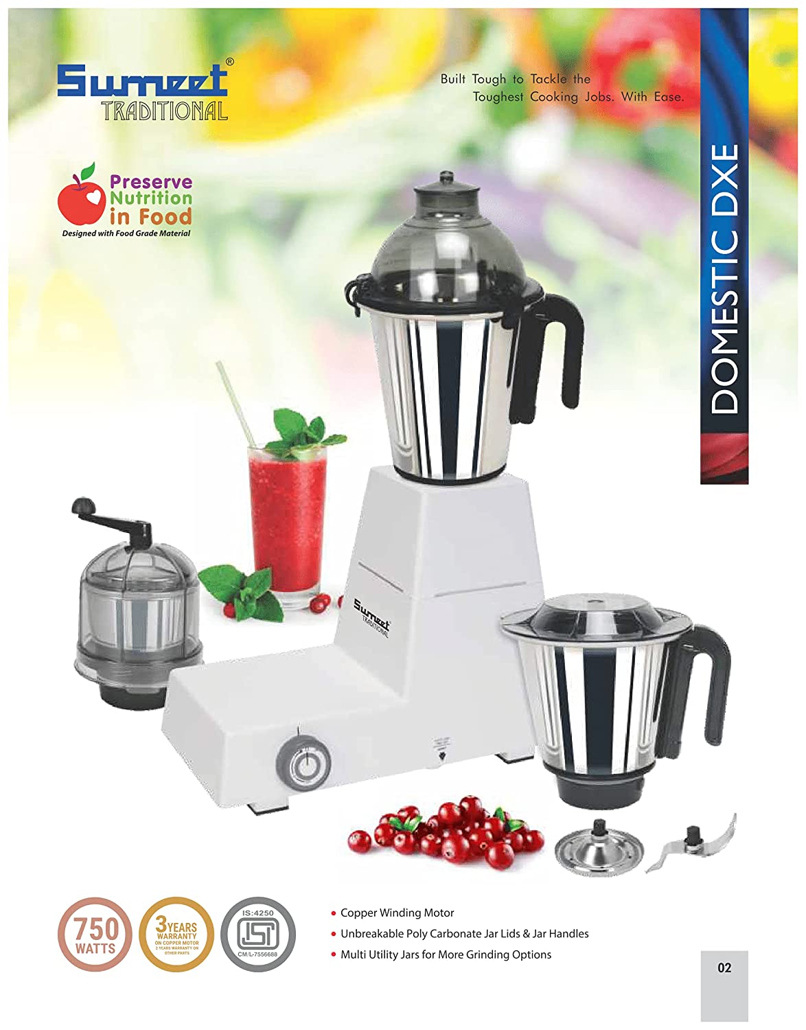 Sumeet Domestic Dxe 750W Mixer Grinder White