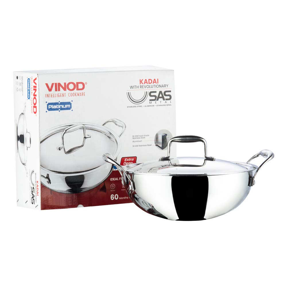 Vinod Stainless Steel Platinum Extra Deep Kadai, 26cm, 4.1 Liter, Silver