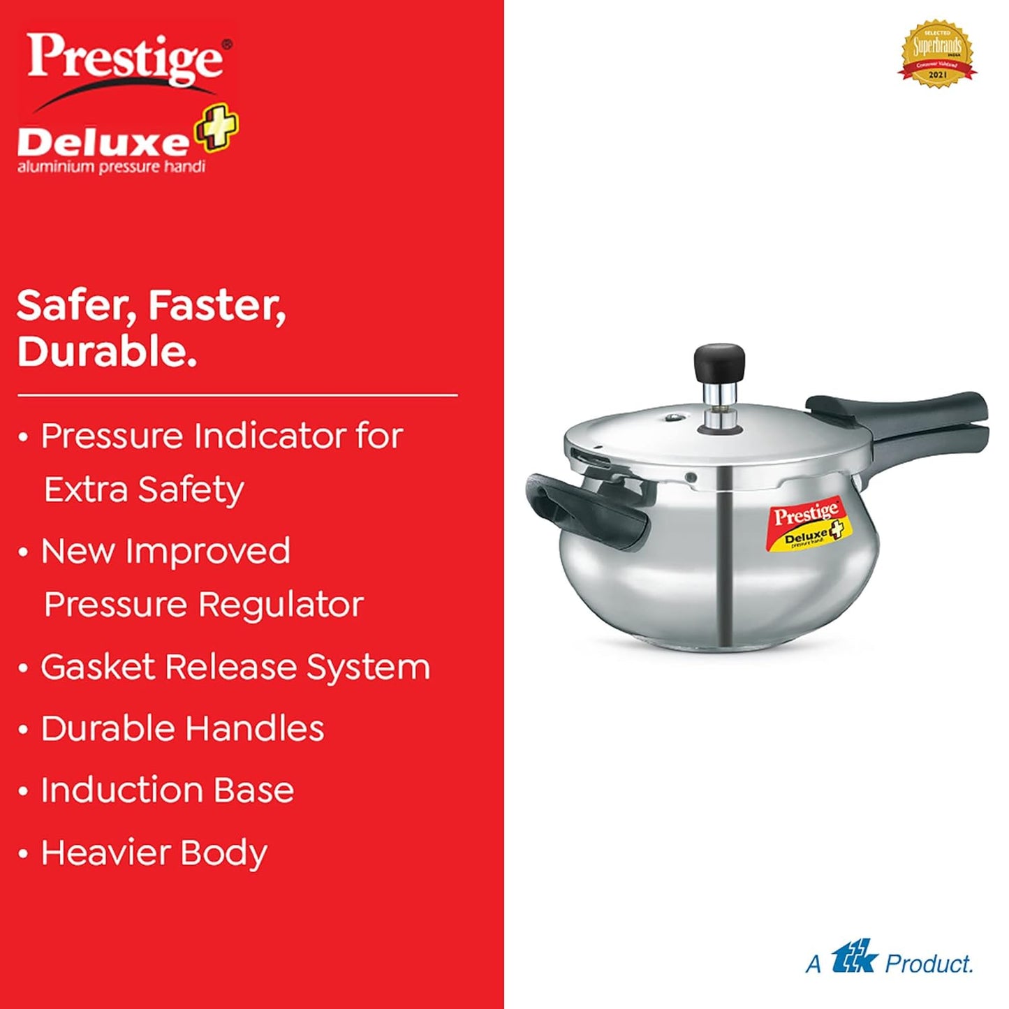 Prestige Deluxe Plus Induction Base Aluminium Outer Lid Pressure Handi, Silver,