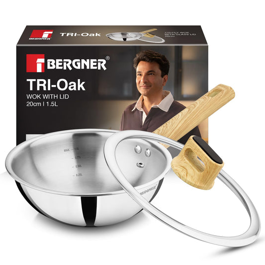 Bergner Tri-Oak Triply Stainless Steel Wok 20cm (1.5L) with Glass Lid & Wooden Handle
