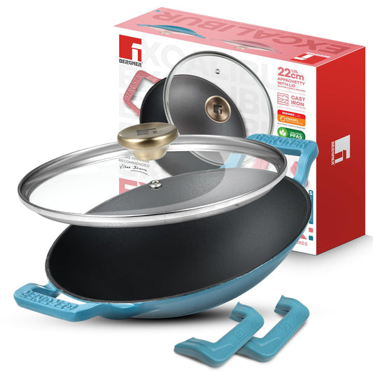 Bergner Excalibur 22cm Appachetty with Lid | 1L Cast Iron Non-Stick CoatingBlue