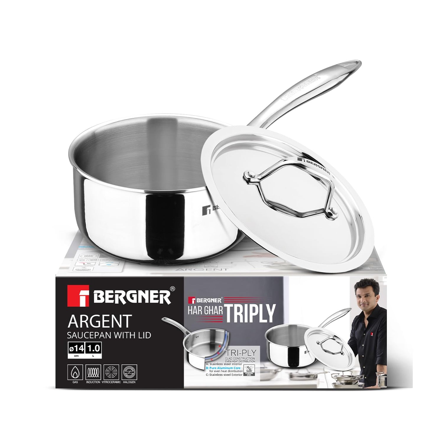 Bergner Tri-Oak Triply Saucepan with Wooden Handle