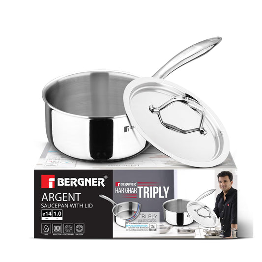 Bergner Tri-Oak Triply Saucepan with Wooden Handle
