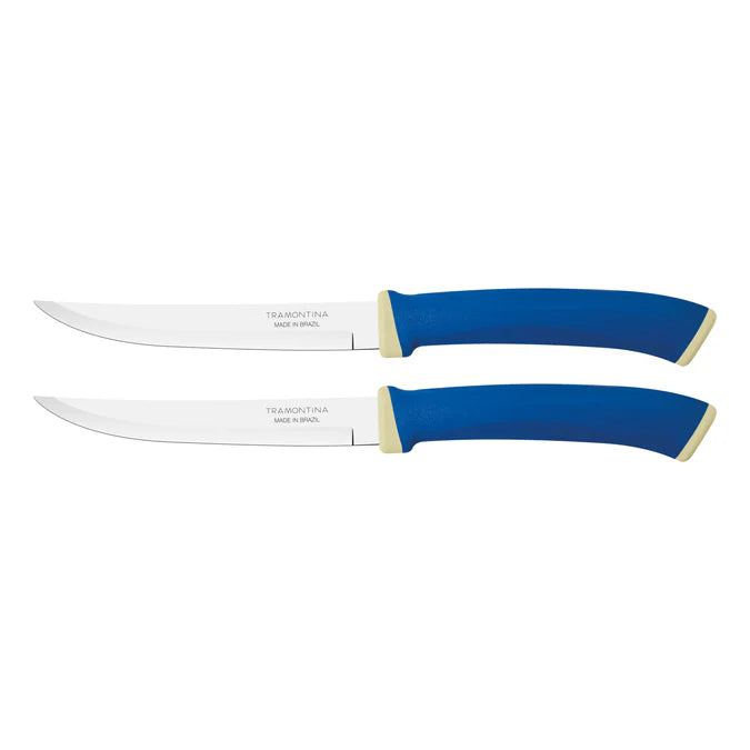 Tramontina Stainless Steel Steak Knife Set of 2 | Smooth Edge Blue Handle