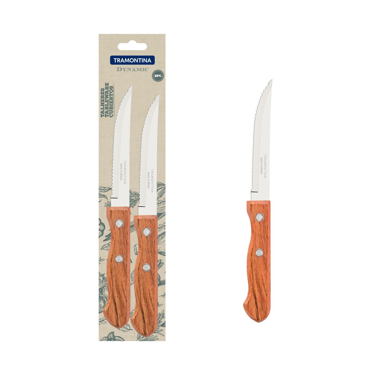 Tramontina Dynamic 2-Piece Steak & Fruit Knife Set | Stainless Steel Table Knives with Natural Wooden Handles
