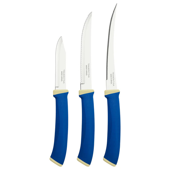 Tramontina Stainless Steel Kitchen Knife Set of 3 | Blue Handle Knives