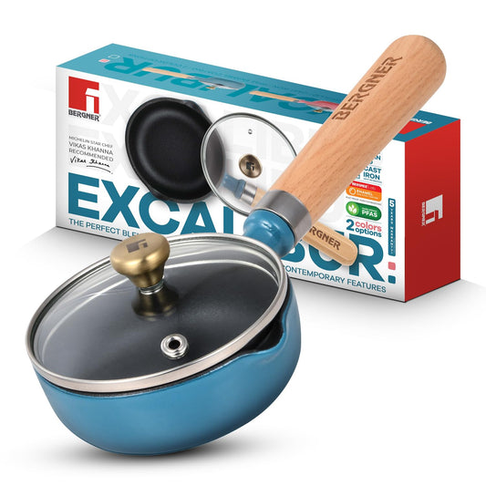 Bergner Excalibur 12cm Cast Iron Tadka Pan with Lid | Blue