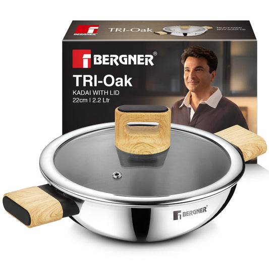 Bergner Tri-Oak Triply Stainless Steel Kadai 22cm (1.7L) with Glass Lid | Induction & Gas Compatible
