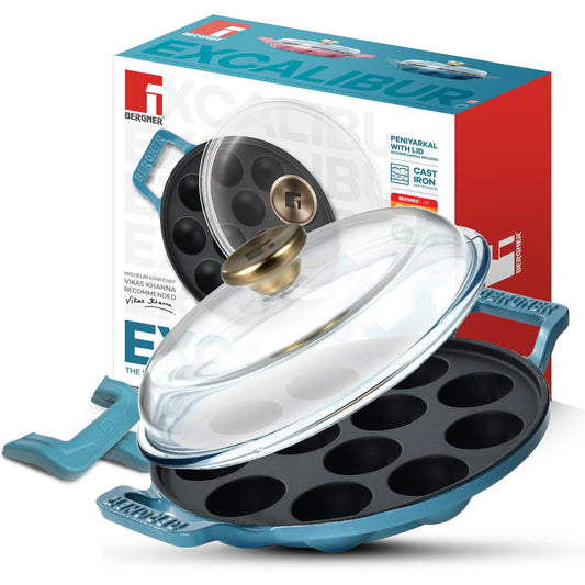 Bergner Excalibur 22cm Appam Pan with Lid | 12 Pits Cast Iron Paniyarakal Blue