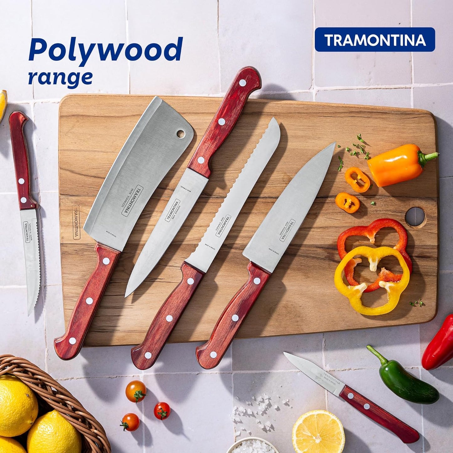 TRAMONTINA Polywood 6 Inch Chef Knife | Stainless Steel Cooking Knife | Wooden Handle Kitchen Knife