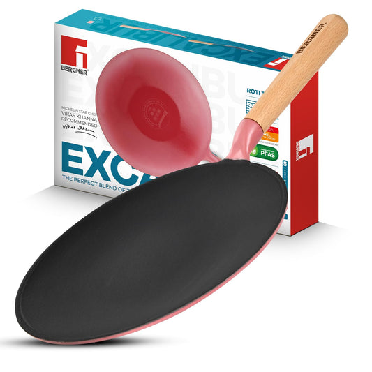 Bergner Excalibur 26cm Cast Iron Roti Tawa | PFAS-Free Non-Stick Pink