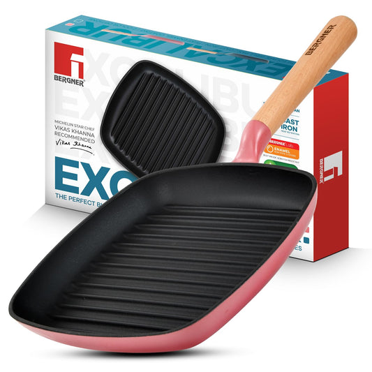Bergner Excalibur 24cm Cast Iron Grill Pan | Non-Stick Square Grill Pink