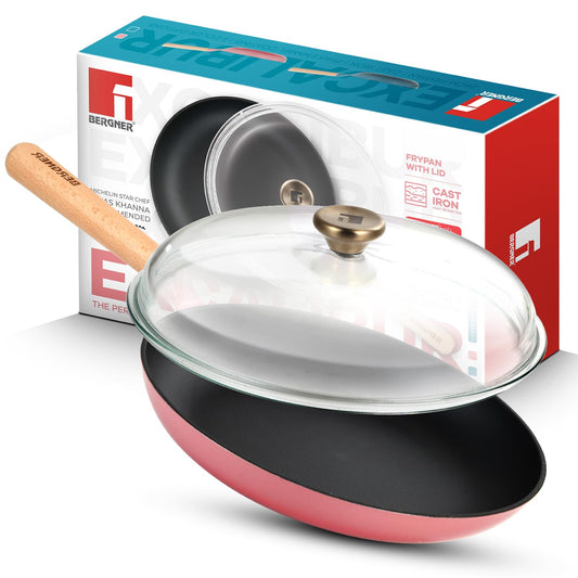 Bergner Excalibur 28cm Cast Iron Frypan with Lid | Non-Stick Pink Skillet
