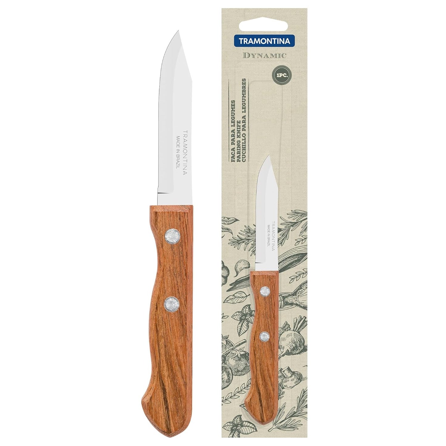 TRAMONTINA Dynamic 7cm Vegetable & Fruit Knife | Stainless Steel Paring Knife | Natural Wood Handle for Precision Cutting