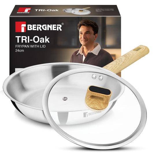Bergner Tri-Oak 24cm Triply Stainless Steel Fry Pan with Glass Lid & Wooden Handle
