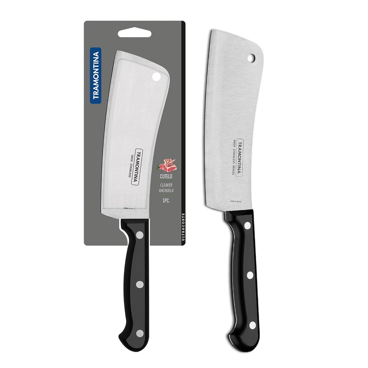 Tramontina 6-Inch Cleaver Knife | Ultra Sharp Stainless Steel Meat Chopper with Antimicrobial Black Handle