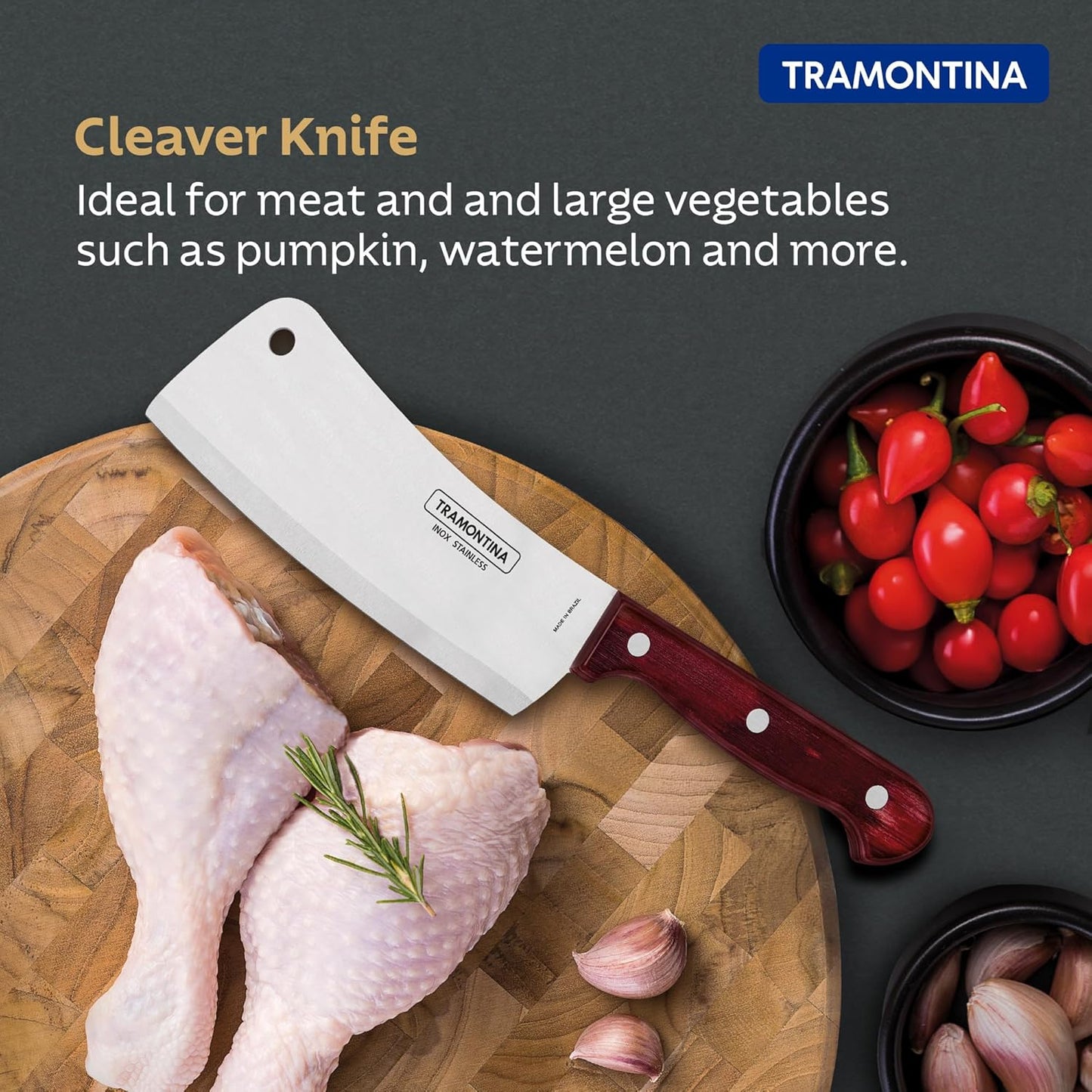 Tramontina Polywood 6 Inch Stainless Steel Cleaver Knife | Heavy Duty Meat & Bone Chopper | Wooden Handle Kitchen Cleaver