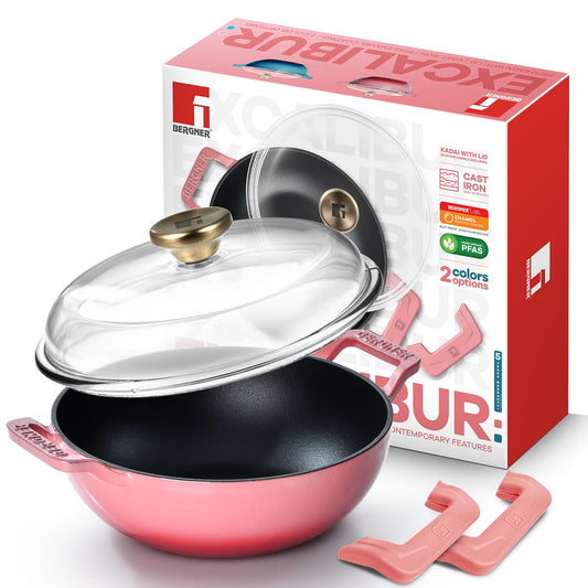 Bergner Excalibur 24cm Cast Iron Kadai with Lid | 2.5L Non-Stick Induction Kadhai Pink